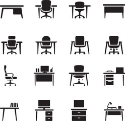 Office Desk and Workspace Icon Set, Black Vector Silhouettes for Interior Design