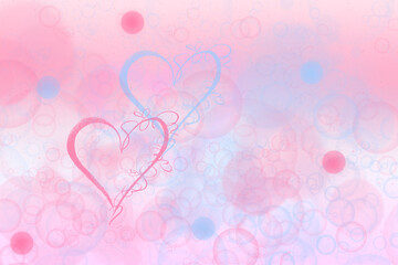 Abstract festive blur bright pink blue background with a light pink and a blue heart bokeh for wedding card or Valentine day.  Romantic textured backdrop with space. Card.