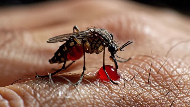 Mosquito biting human skin up close with proboscis inserted