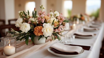 A stunning table for a wedding with a beige tulle runner, flowers, and gentle candlelight