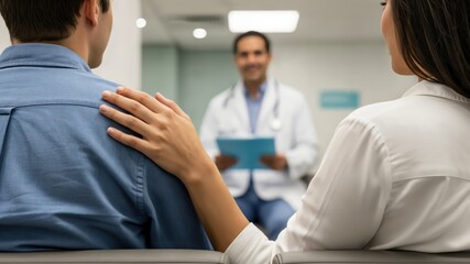 Fototapeta premium Young adult couple receiving medical diagnosis from doctor, supportive wife hand on husband shoulder
