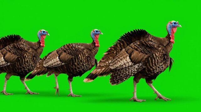 Three Turkeys Walking on Green Screen.