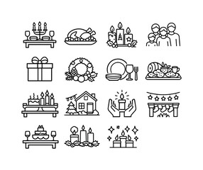Obraz premium Holiday Traditions. Line icon set of Holiday Traditions: festive table, holiday meal, decorative candles, family gathering, gift box,