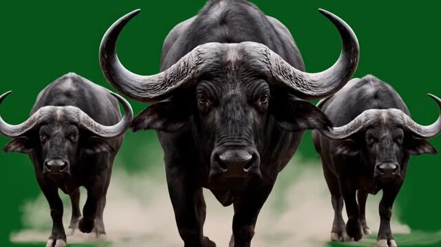 Three African Buffaloes Walking Towards Camera.