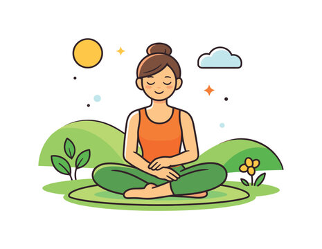   Spring yoga outdoors gentle pose performed under open sky with light greenery and warm daylight, symbolizing mindfulness, health and fresh