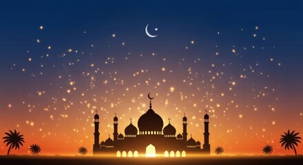 Ramadan background with sunset gradation and mosque silhouette