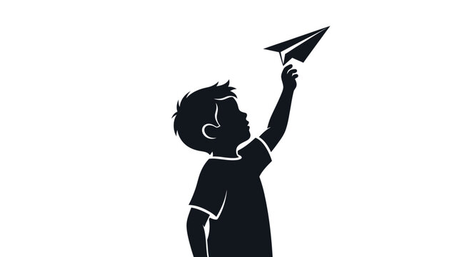 Young Boy Holding Paper Airplane Silhouette.
