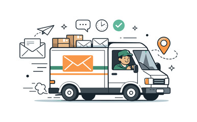 Fototapeta premium Logistics and mail transport. A clean editorial scene with a mail truck carrying letters and parcels, focused on movement and efficiency.
