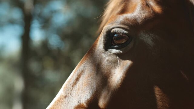 profile of a brown horse head in bright natural sunlight with focus on eye