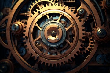 Close up view of complex clockwork gears and cogs creating intricate steampunk mechanism