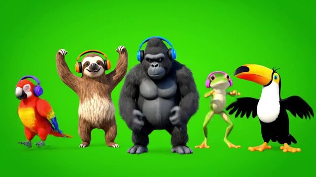 Animated Animals Dancing on Green Background.