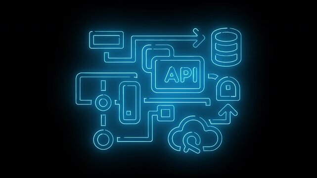Neon blue line illustration of API and various technology symbols on a black background with a glowing effect.
