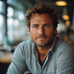 Obraz premium A warm and inviting smile lights up the man's face as he relaxes in a cafe
