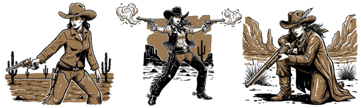 Set of Strong Wild West Cowgirl Characters in Various Poses and Actions, Detailed Vintage Illustration Collection for T-shirt Design or Poster Print.
