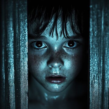 A curious boy gazes from behind weathered planks, revealing wide eyes filled with wonder