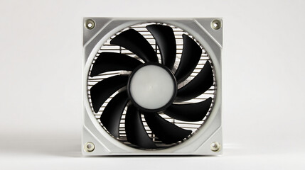 Computer cooling fan, square silver metal frame, black blades