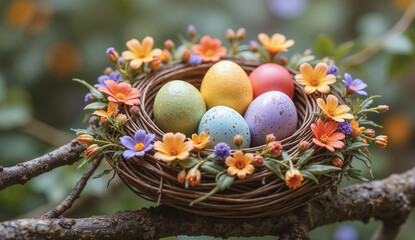 Easter natural composition - close-up view of the bird's nest is made of dry branches and wildflowers with Easter eggs inside. Created using generative AI tools