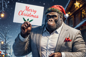 Christmas scene - view of a cute mighty male gorilla wearing a santa hat with a Christmas party invitation in his hand. Created using generative AI tools