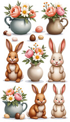 Easter set of illustrations isolated on white background - Easter bunnies, Easter eggs, vases with spring flowers and chocolate candies. Created using generative AI tools