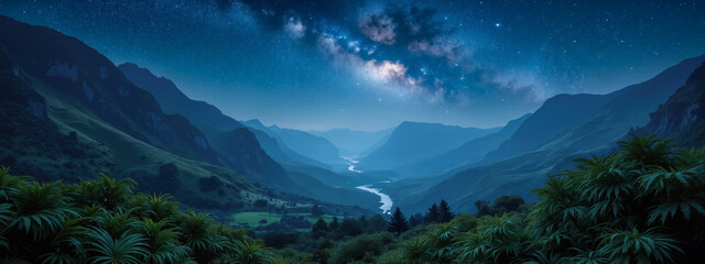 Mountain landscape at night under the starry sky, banner. Created using generative AI tools
