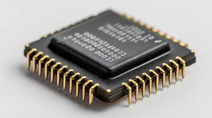 Black Microchip Processor with Gold Pins on White Background Technology
