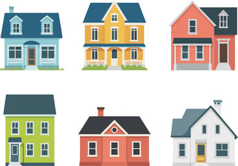 colorful suburban houses set flat vector illustration residential home building collection modern architecture exterior cartoon design isolated pack,
