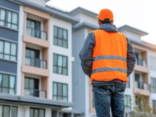 Construction worker inspecting residential building or apartment complex