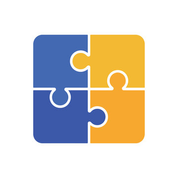 Four interlocking jigsaw puzzle pieces in bright blue and yellow form a complete square on a clean white background