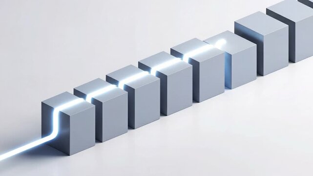 Minimal abstract composition of metallic cubes linked by a glowing light path conveying data flow, digital connection and modern network infrastructure. Clean, futuristic concept for technology, commu