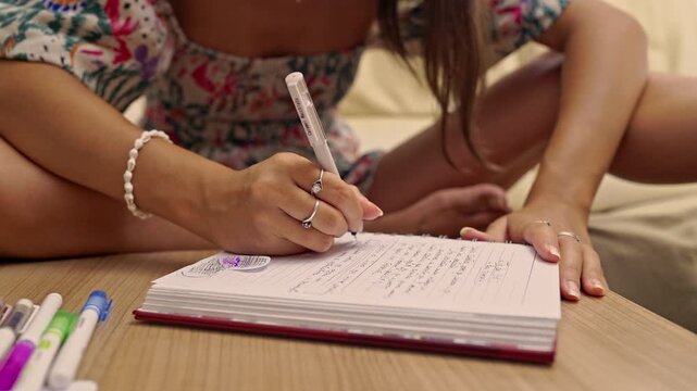 A young person intently writing in a notebook, diligently taking notes with a pen.