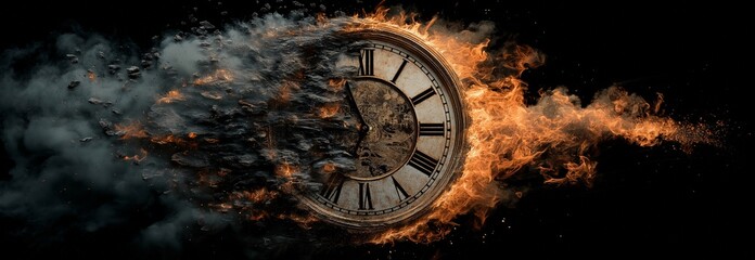 Time is burning away as the clock face is destroyed by the flames.