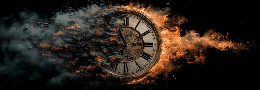 Time is burning away as the clock face is destroyed by the flames.