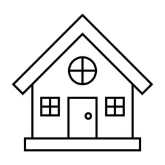 Simple house outline icon with chimney and windows isolated on transparent background.
