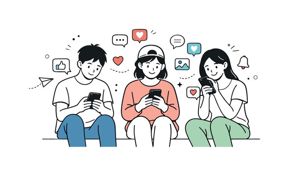 Digital Disconnect. Social media life. Friends sitting together but focused on their phones, sharing content and reacting quietly. Soft contrast between online