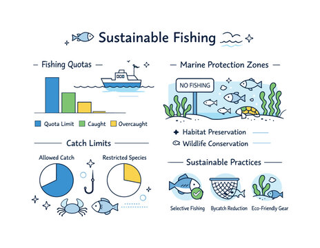 Sustainable fishing. An editorial-style composition of fishing quotas and marine protection zones shown through simple charts and sea icons.