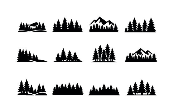   Conifer forest. Solid icon set of Conifer forest: pine forest landscape, dense evergreen trees, mountain forest, winter conifers, forest