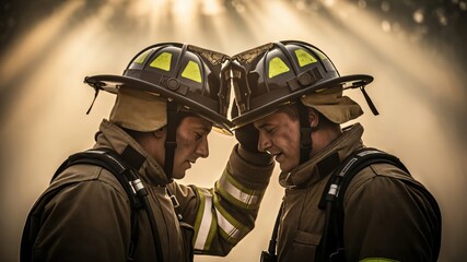 Obraz premium Two Male Firefighters Engaged in a Moment of Brotherhood and Support in Firefighter Gear with Bright Helmet Details