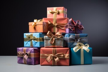 Fototapeta premium Stacked colorful holiday presents with ribbons and bows on dark background