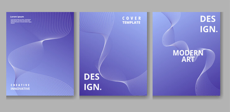 Collection of three vibrant abstract digital cover templates featuring swirling white dotted line art against a smooth gradient purple background