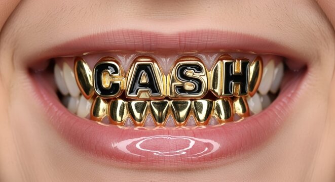 Person with gold grillz teeth cash.