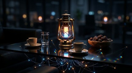 Obraz premium Cozy evening setup with warm lantern, cups of coffee, and dates on table