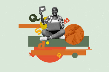 Pop art full zine photo collage of happy girl guy stand library academic book stack education...