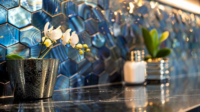 Decorative potted orchids are displayed on a polished black countertop with a vibrant blue hexagonal tile backsplash in a modern kitchen setting
