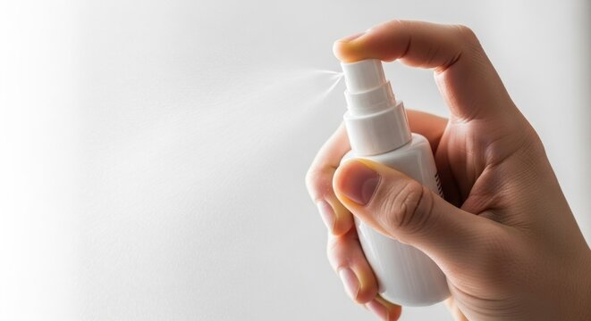 A hand holding a white spray bottle with a white cap, spraying a mist against a white background.