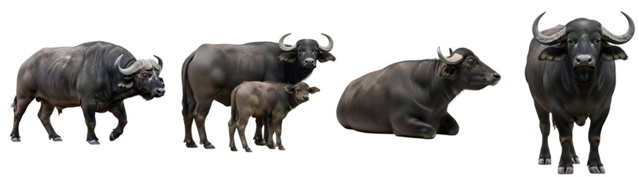 A group of buffaloes and a calf standing and lying on a transparent background