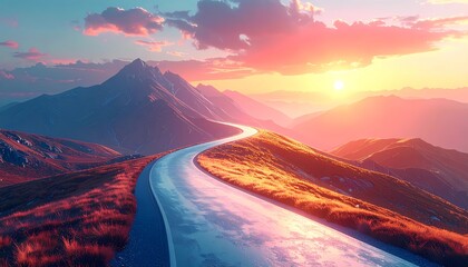 Fototapeta premium A winding road through a fantasy mountain landscape symbolizing journey, hope, and the future.