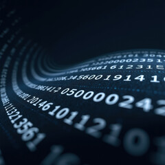 Abstract digital wave with binary code, numbers, and data stream, representing technology, information flow, and futuristic concept
