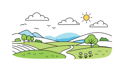 Fototapeta premium Summer Countryside Serenity. Summer landscapes. Wide open countryside with green fields, gentle hills, and soft clouds drifting in the sky. Calm warmth and
