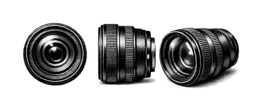 Halftone Camera Lens Views. Halftone camera lens A single camera lens shown in three views including front element view, side view, and three-quarter