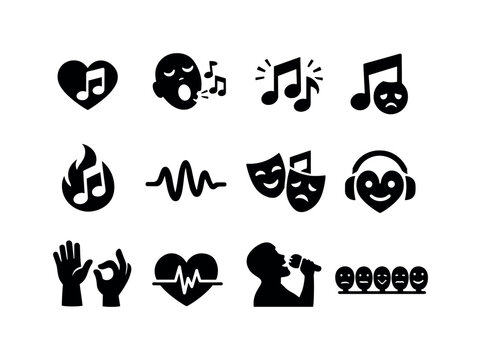    Music and Emotions. Solid icon set of Music and Emotions: heart music, emotional face singing, joy notes, sad melody, passion flame note,